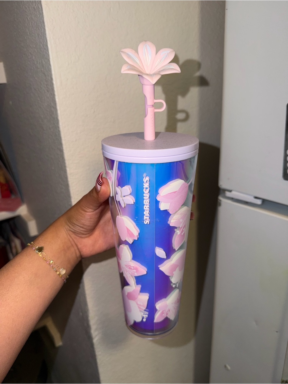 Starbucks Iridescent Blue Tumbler with Pink Floral Lid and Straw